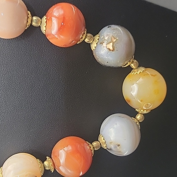 Elegant Gold Tone Chunky 24mm Agate Gemstone Beads Beaded Chunky 21" Necklace - Picture 2 of 11